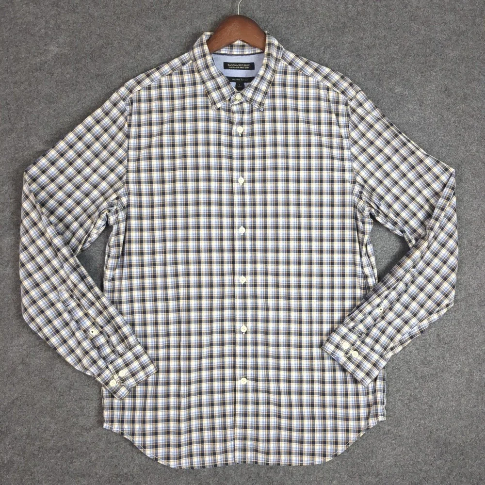 Banana Republic Custom Wash Shirt Mens Large Tailored Slim Fit Plaid Blue L